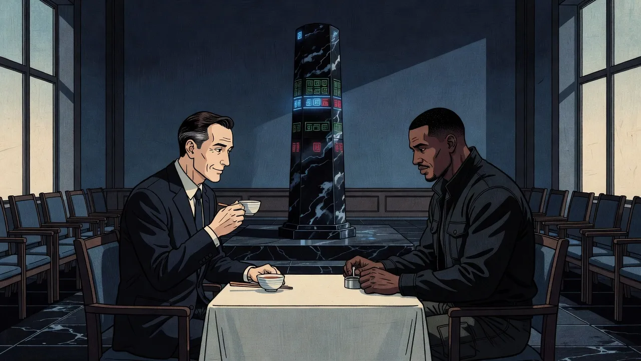 At a lunch table in a hushed auction hall, a tall man in an immaculate dark suit lifts a cup of tea opposite a big soldier, while a tall black alien pylon banded with glyphs stands on a dais behind them.