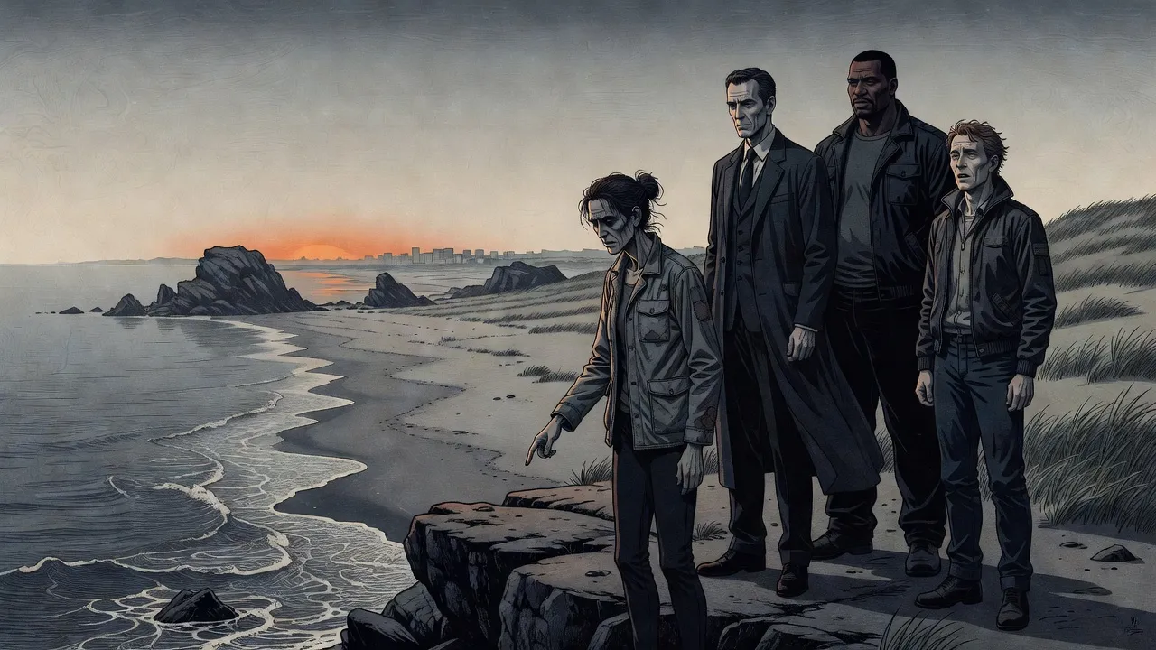 Four figures stand on a windswept headland above the sea, a gaunt woman pointing down toward the shore while a grey city smudges the far horizon.