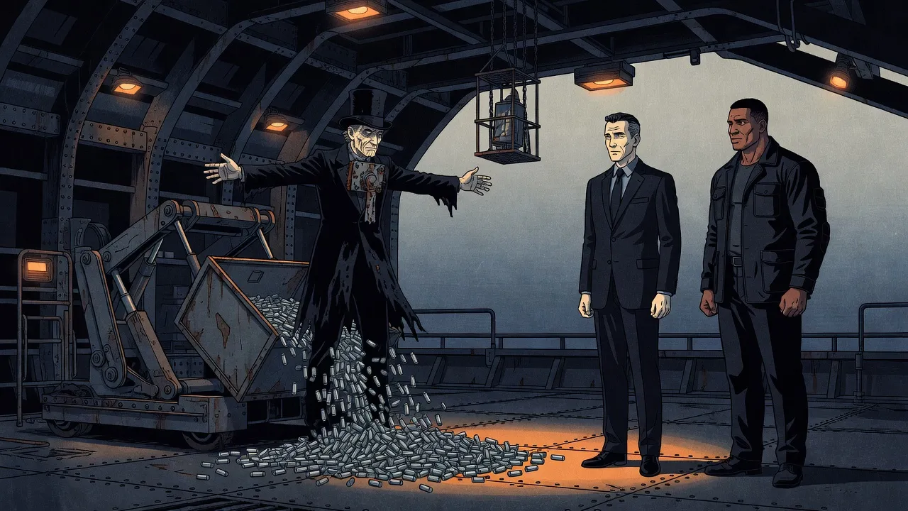 In a cavernous ship’s hold, a gaunt man in a battered top hat and long ragged coat stands with his arms spread wide as a loader pours a glittering heap of small metal cylinders across the floor, two men watching from the edge of the light.