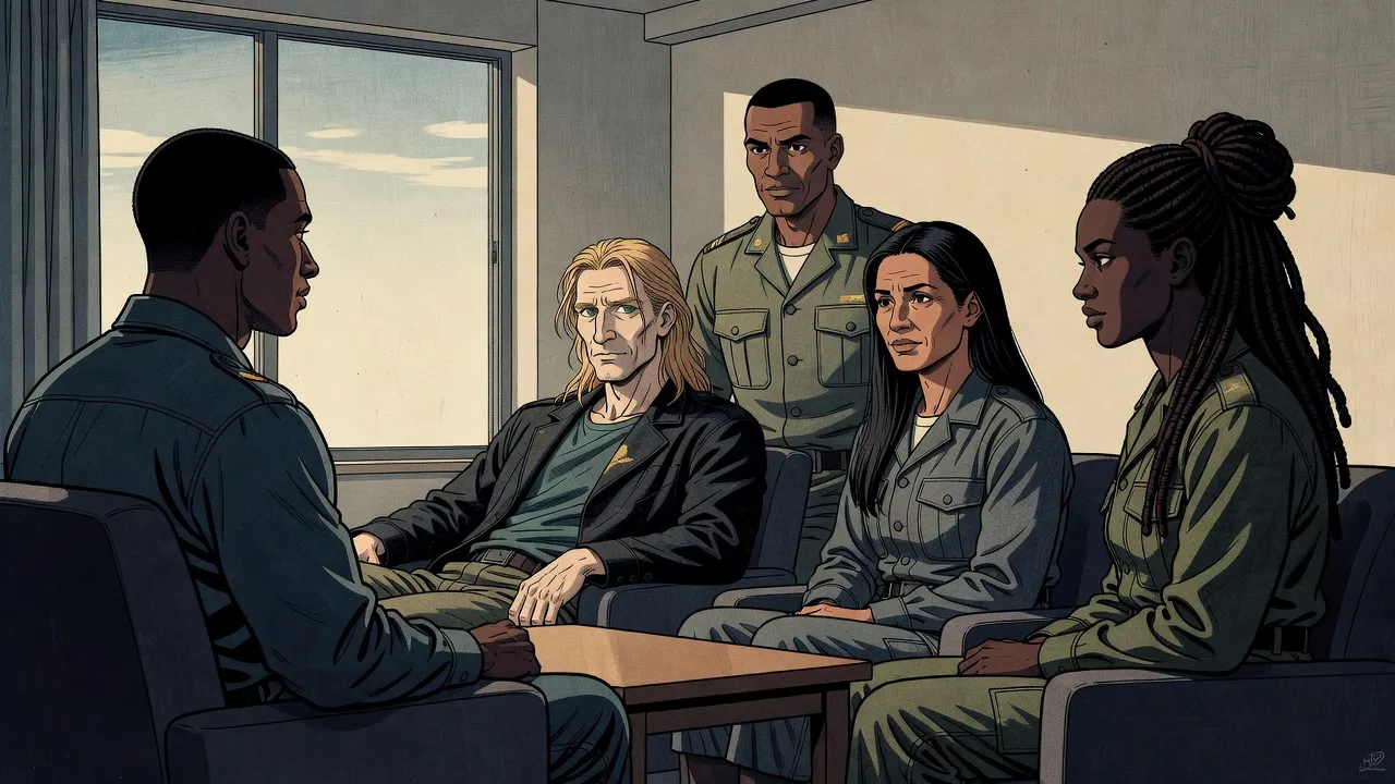 In a plain hotel room washed in soft gold light, a lanky sandy-haired man sprawls in an armchair, a striking man standing behind him and a black-haired woman and a young woman with piled dreadlocks seated nearby, all facing a big man seen from behind.