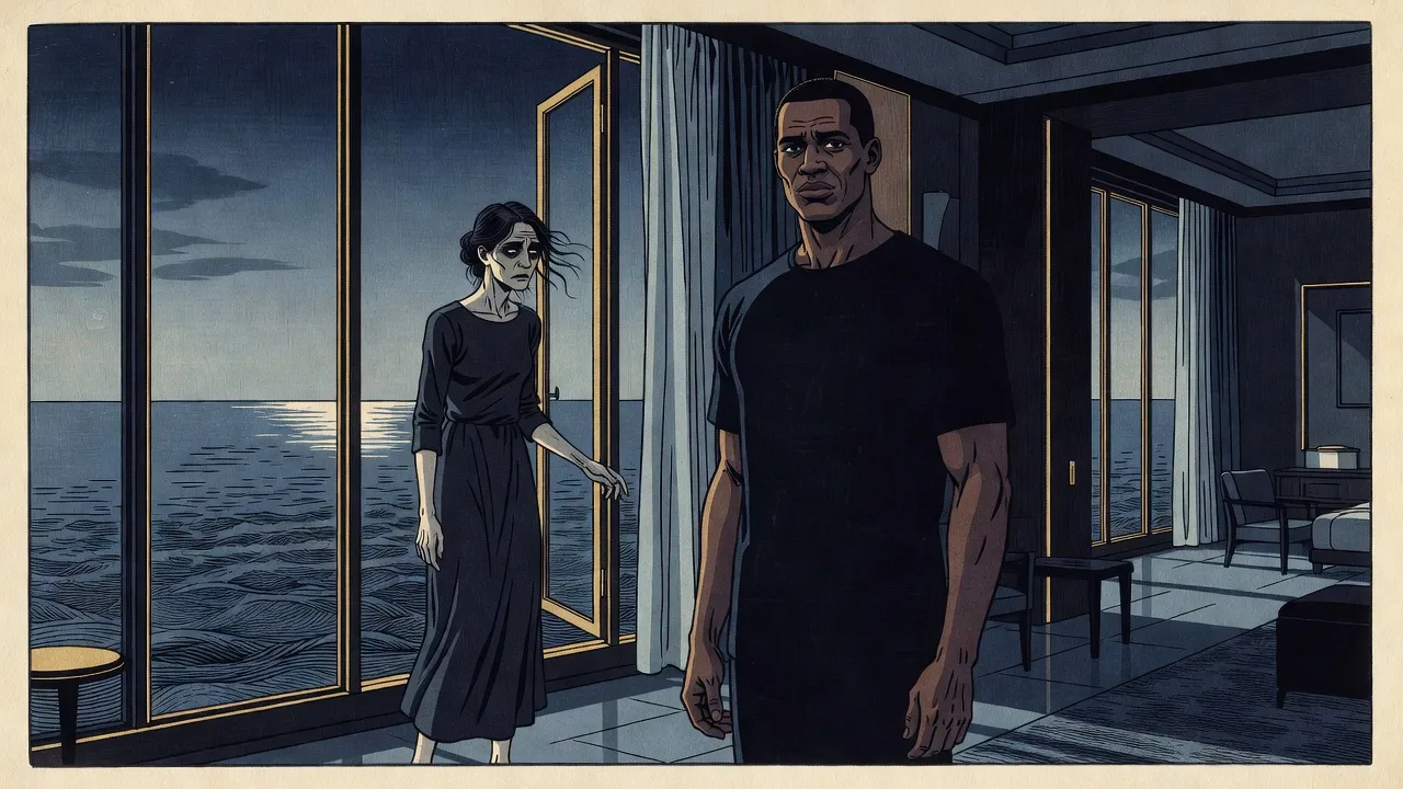 In a luxurious room with tall windows open on a moonlit sea, a gaunt dark-haired woman in a long dark dress looks back over her shoulder toward a big man in a dark shirt standing a few steps away in the foreground.