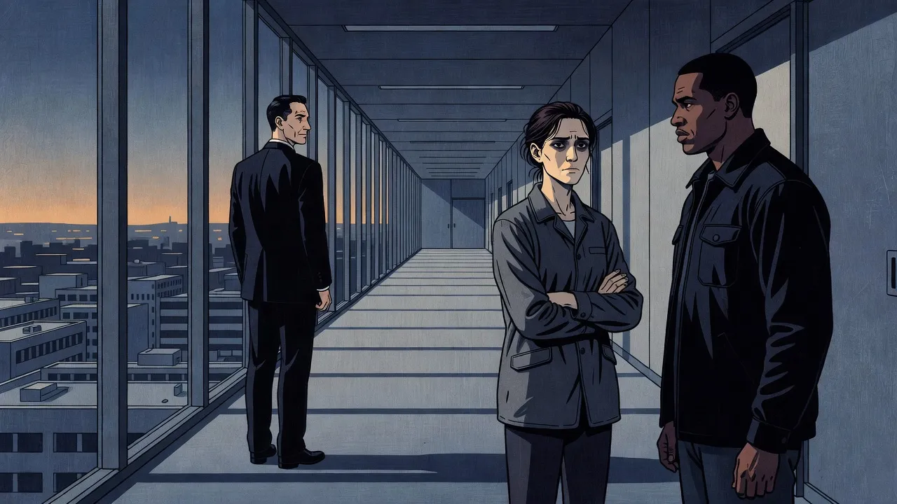 In a long glass-walled corridor high in a skyscraper, a man in a dark suit has turned back to face a gaunt woman who stares past him with her mouth clamped shut, a big man beside her watching her face.