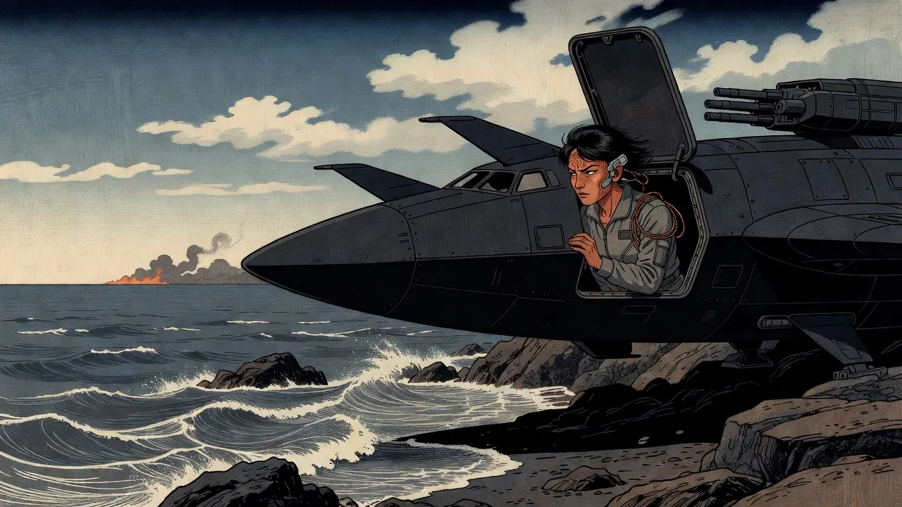 A copper-skinned woman pilot with cable sockets at her temples leans out of a side hatch of a sleek dark assault craft resting at the edge of a rocky shore, surf breaking below and smoke on the horizon.