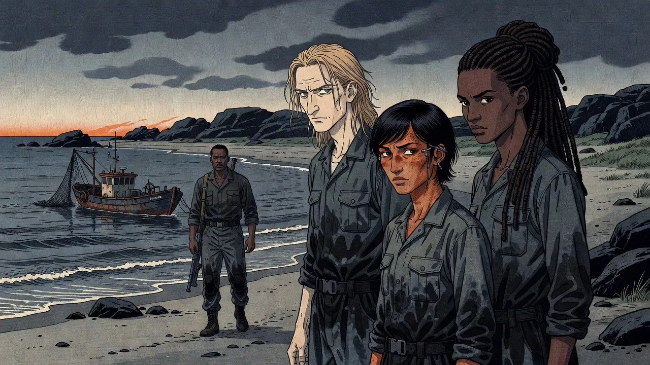 On an empty grey beach, three soldiers walk up from the waterline in the foreground while a big man in grey waits behind them on the sand, an abandoned fishing boat rocking offshore with its net trailing into the water.