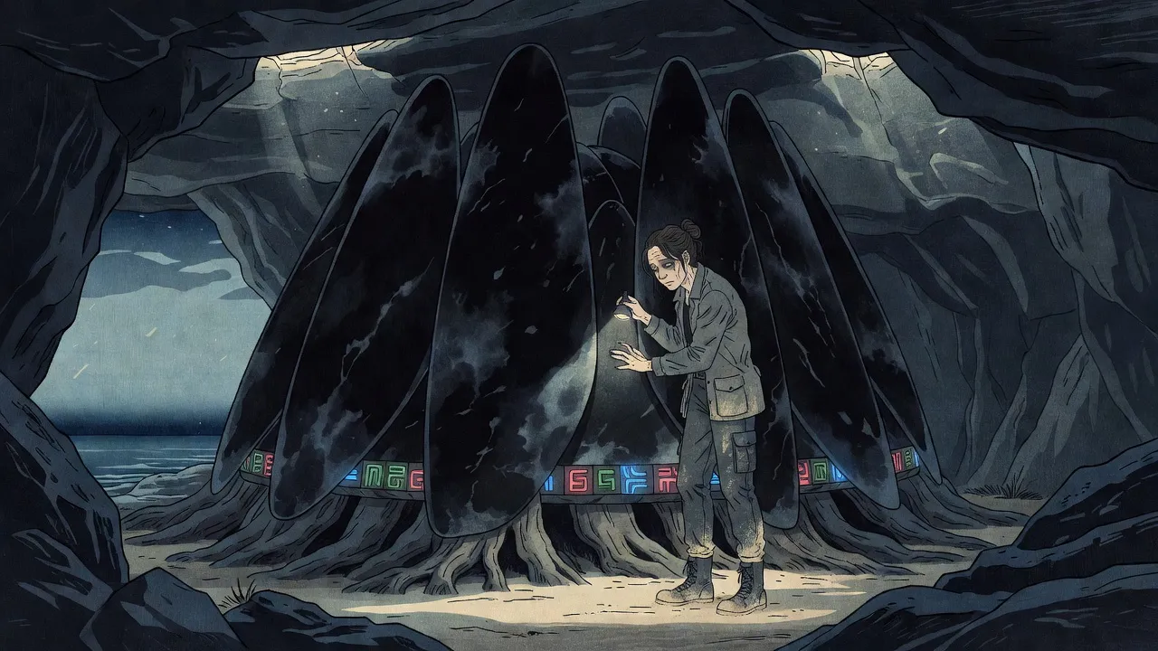 In a sea cave lit by thin shafts of daylight, a gaunt woman in a field jacket holds a lamp to the black surface of a towering alien structure of huddled, folded wing-shapes, a band of glowing glyph panels around its base.