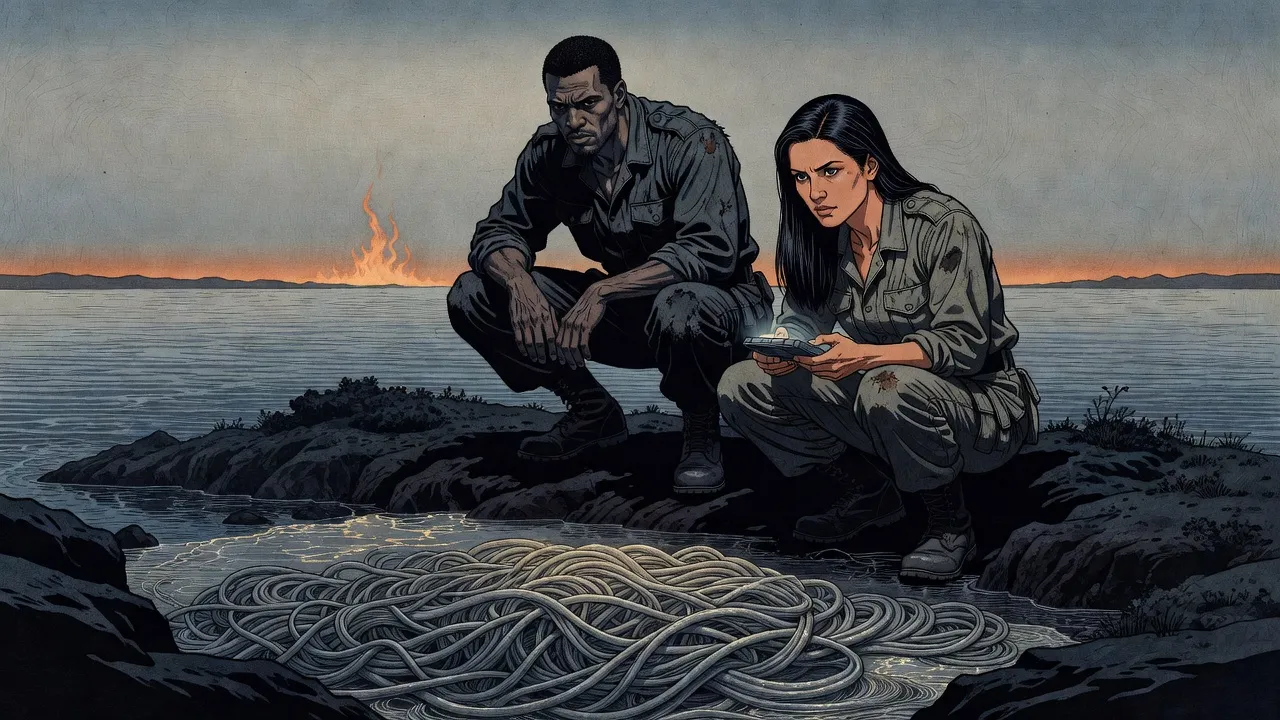 On a scrubby ridge, a gaunt grey-faced soldier and a black-haired woman with a scanner crouch, looking down at a writhing grey mass spread across a hollow below.