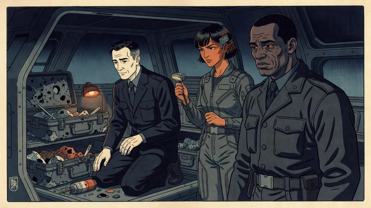 In the cramped hold of a small military craft, a man in a dark suit kneels at split, corroded equipment cases while a woman pilot holds up a lamp and a sickly, red-eyed soldier stands watching.