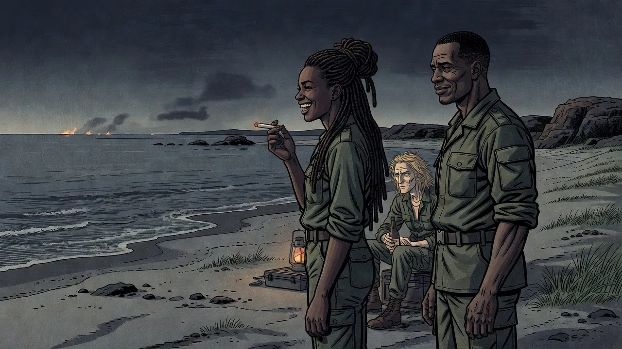At night on a beach, a tall young woman in fatigues laughs with a cigar beside a big gaunt man in the lamplight, while a lanky man drinks from a bottle and distant flashes light the horizon.