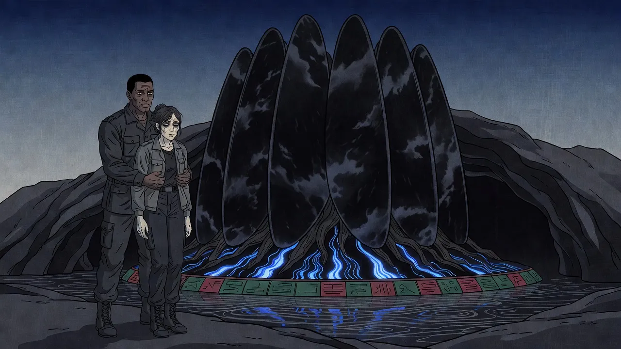 At night by a sea cave, a big soldier holds up an exhausted, sagging woman from behind as bands of blue light ripple up from the base of the black alien structure beside them.