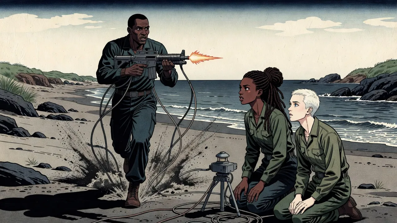 On a beach, a tall young woman and a pale white-haired man kneeling by a squat beacon look up as thick grey cables erupt from the sand around them, a big grey-faced man running forward with a rifle raised.