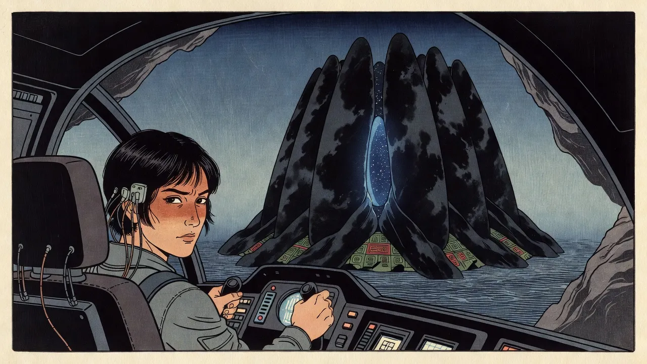From just behind the seat of a woman pilot with cables at her temples, glancing back over her shoulder at the controls, the black folded wings of a huge alien structure fill the canopy ahead around a shimmering opening full of stars.