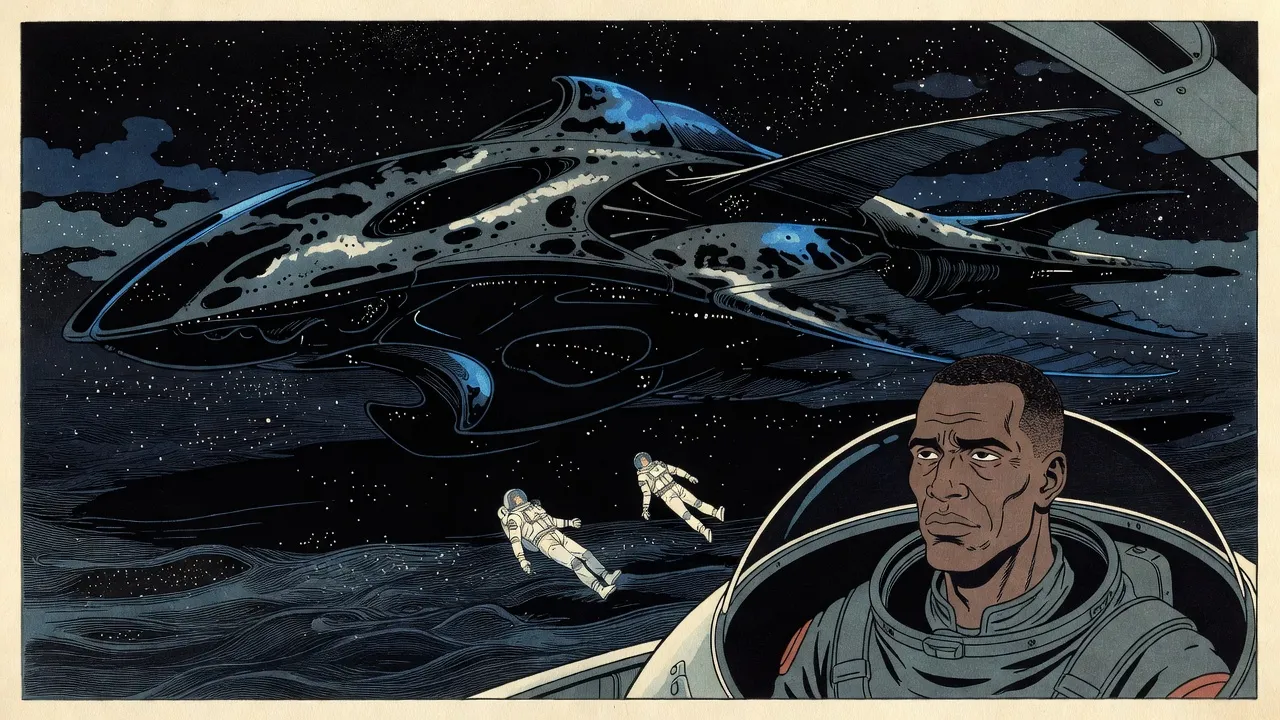A gaunt grey-faced soldier in a vacuum suit, helmet off, stares out of a small craft’s round viewport at a colossal black alien ship, two limp suited figures drifting in the starlight between.