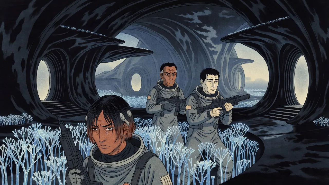 Inside a vast curving alien corridor, three armed figures in vacuum suits pick their way past a forest of small glassy spires sprouting from the floor and up the curve of the wall.