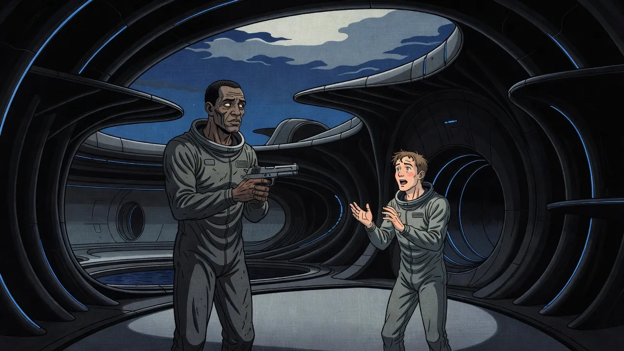 In a dim alien chamber, a gaunt grey-faced soldier levels a heavy pistol at a healthy, wary young man who half raises his hands.