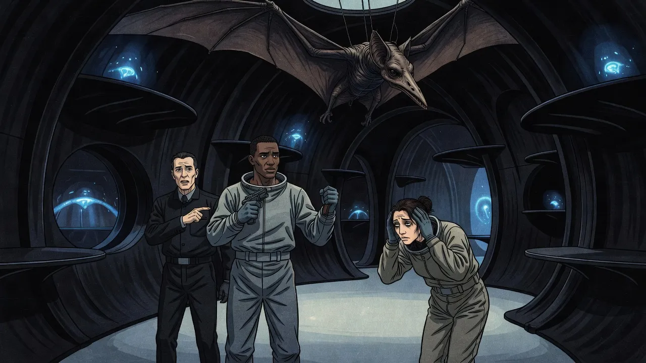 In a vast alien hall lit by flaring blue displays, a man in dark gear shouts and points while a woman in a vacuum suit doubles over clutching her head and a soldier raises a stubby weapon, a huge mummified winged shape hanging overhead.