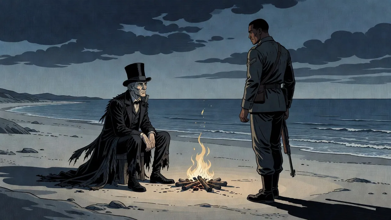 On a grey dream beach under a darkening sky, a gaunt man in a battered top hat sits by a small fire as a big man with a rifle in one hand walks toward him across the sand.