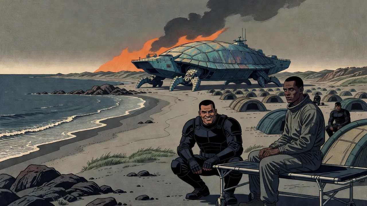On a beach crowded with domed shelters and a huge armoured landing ship on clawed legs, a broad soldier in black armour crouches grinning beside a gaunt man sitting up on a stretcher.