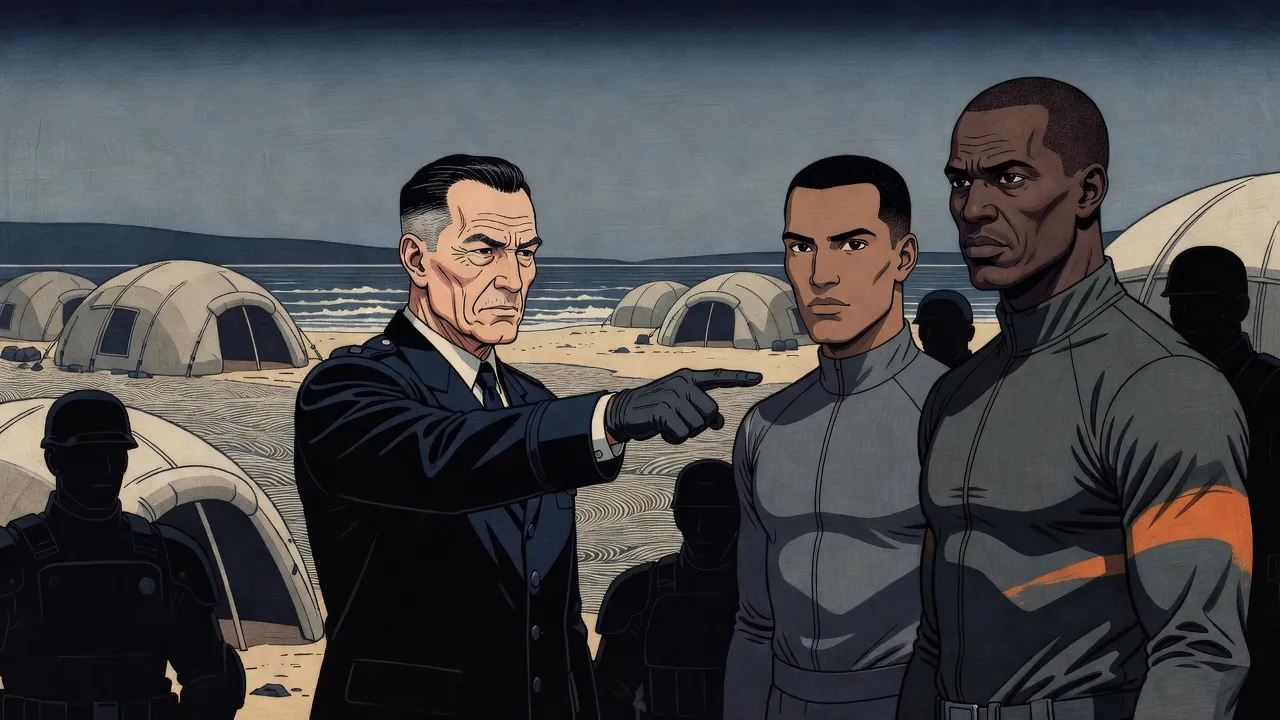 In a camp on a beach, a grey-haired officer points at a handsome, expressionless prisoner while a gaunt, grey-faced soldier watches stone-faced, armoured troops behind.