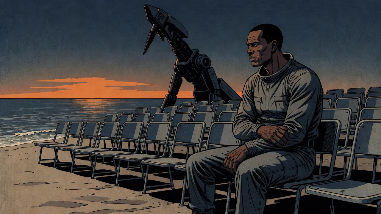 On a beach at dusk, a dark-skinned soldier sits among rows of empty metal chairs with his face turned away, the tall jointed arm of a dark machine rising behind the rows.