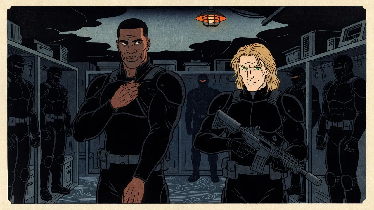 In a cramped shed lit by one caged lamp, a gaunt dark-skinned man and a lanky sandy-haired man pull on matte black armoured suits, a rifle in the lanky man’s hands.