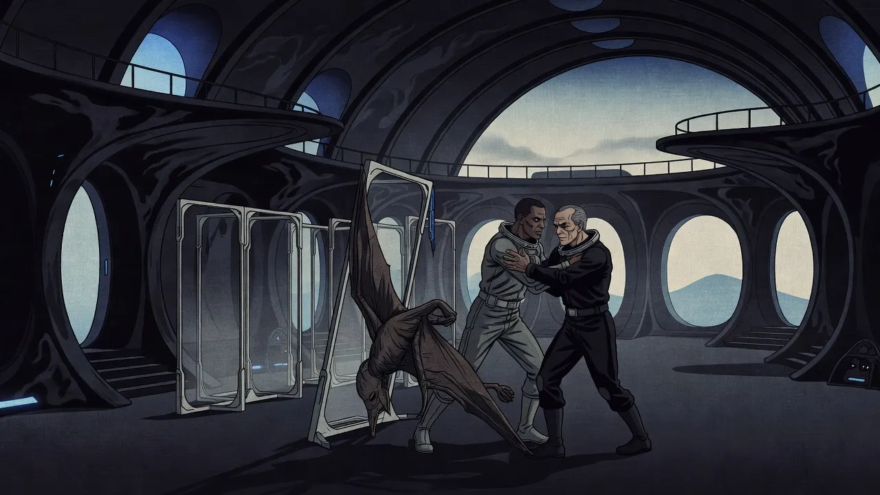 In a vast dim alien bay, two men in vacuum suits grapple and crash into a tall frame holding a huge mummified winged creature, which tips toward them.