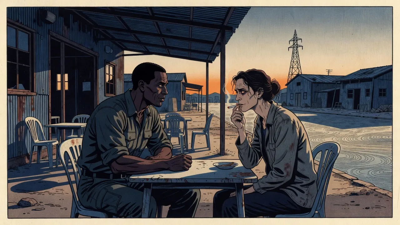 At a café table in a dusty frontier town, a gaunt grey-faced man leans forward, talking low, while a gaunt woman draws on a cigarette, eyes half-lidded.
