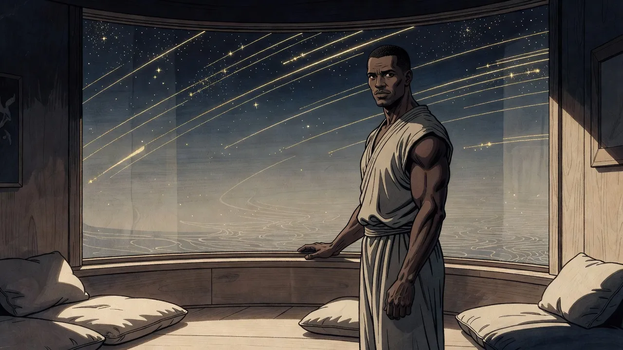 A tall dark-skinned man in loose pale clothes stands alone at a vast curved window in a calm wooden room, one hand on the sill, looking back over his shoulder while stars stream past outside.