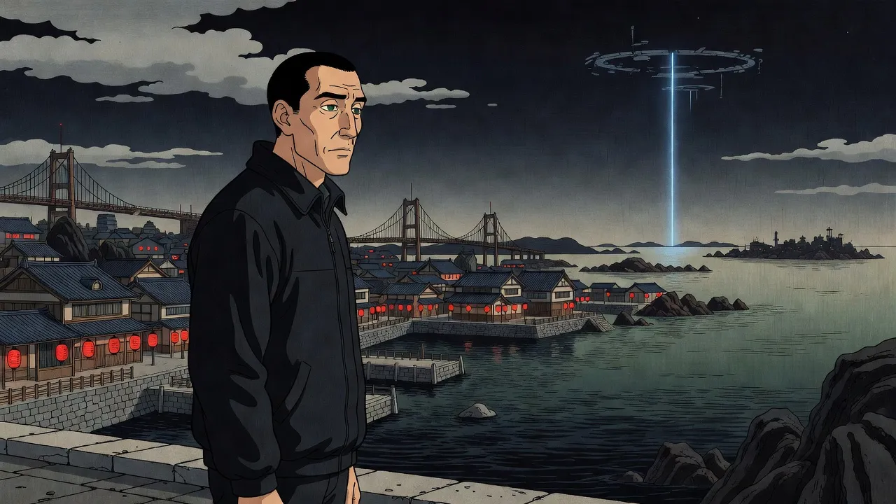 A tall man in a dark jacket stands on a lantern-lit stone quay at night, tiled roofs behind him, as a straight beam of blue light falls from a broken ring of platforms in the sky far out over the sea.