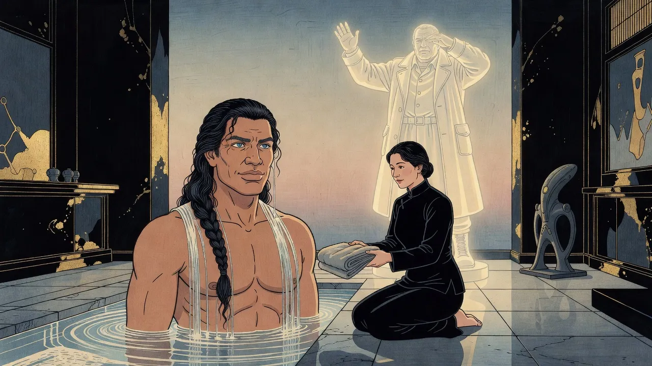 A young man with long braided black hair rises chest-deep from a sunken bath of clear gel in a black-and-gold room as an attendant in a black high-collared tunic kneels with a towel beneath a tall, softly glowing statue of a man shading his eyes.