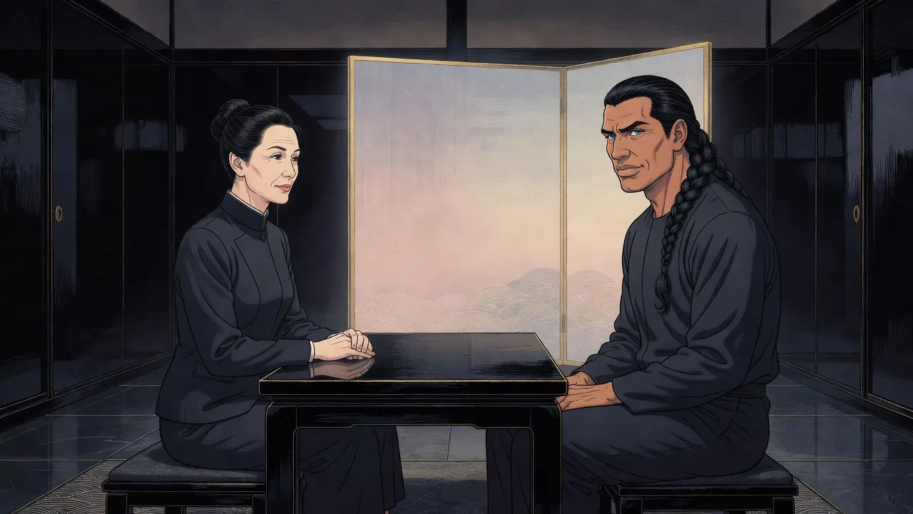 A composed woman in a dark high-collared suit sits across a low black table from a young man with a long braid in dark clothes, a paper screen glowing behind her.
