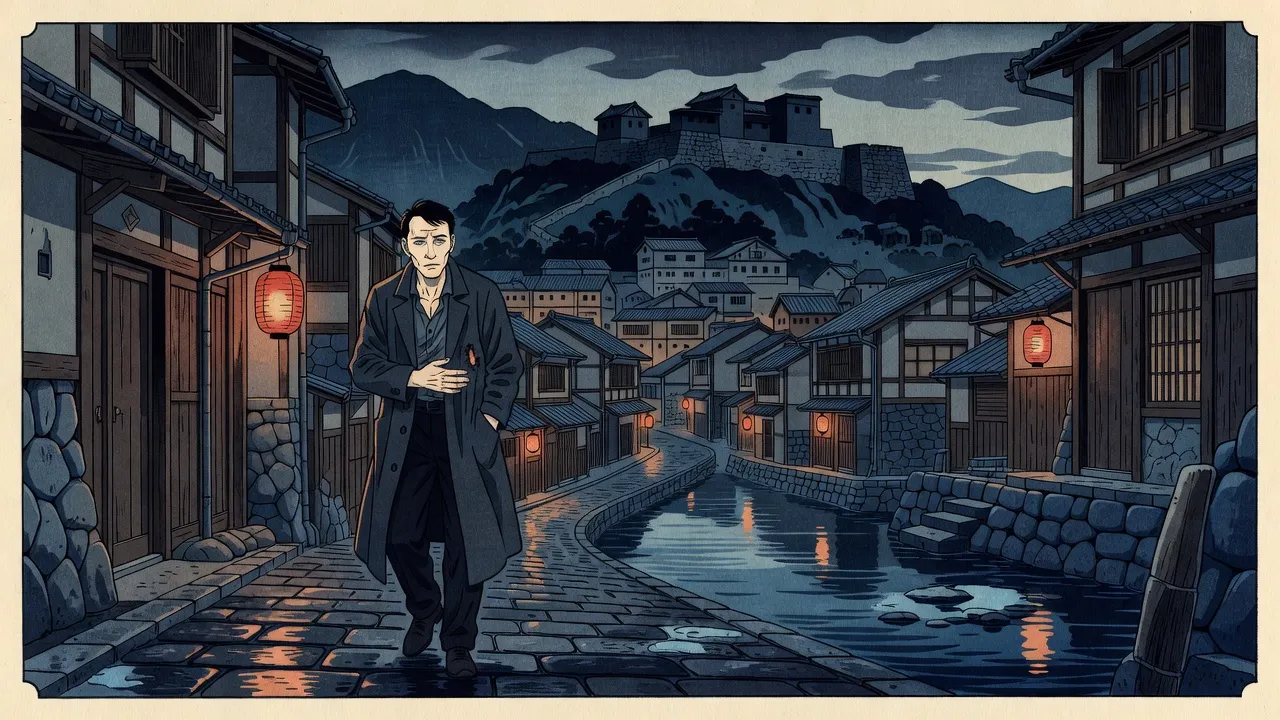 A man in a long coat limps down a steep, rain-slick, lamp-lit street of tiled-roof houses at night, one hand pressed to his side and the other in his pocket, a dark fortress on the mountain above.