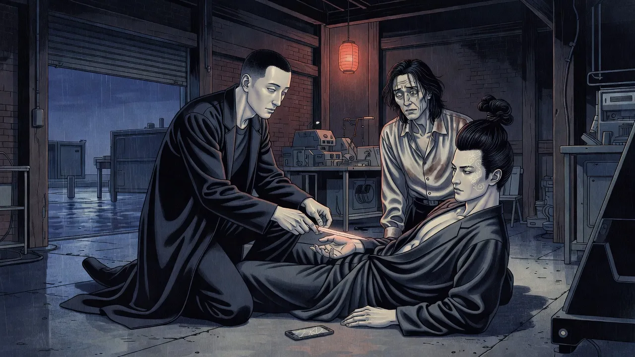 In a dim warehouse, a man in a long coat kneels on the arm of a young man in a draped suit pinned to the concrete floor, a long pale knife held flat above his open palm, while a thin man watches from beside a workbench.