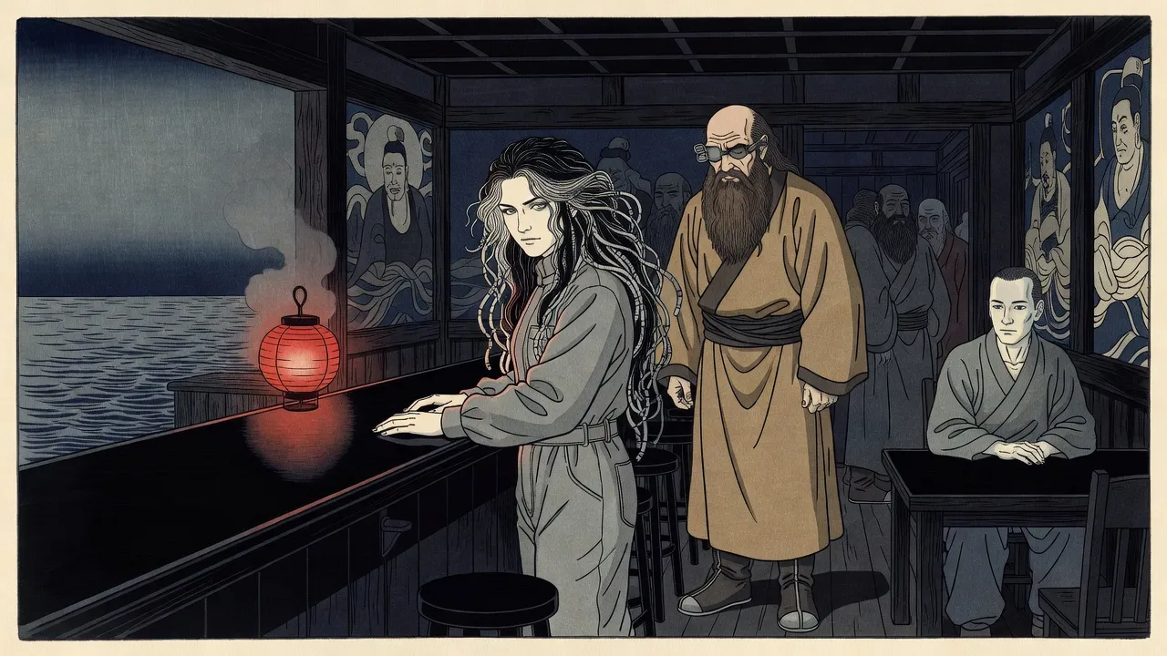 A pale woman with a long black-and-silver mane stands with both hands flat on a dark bar as a bearded, shaven-headed man in ochre robes looms beside her, more robed men behind him, while a man in a coat watches from a corner table.
