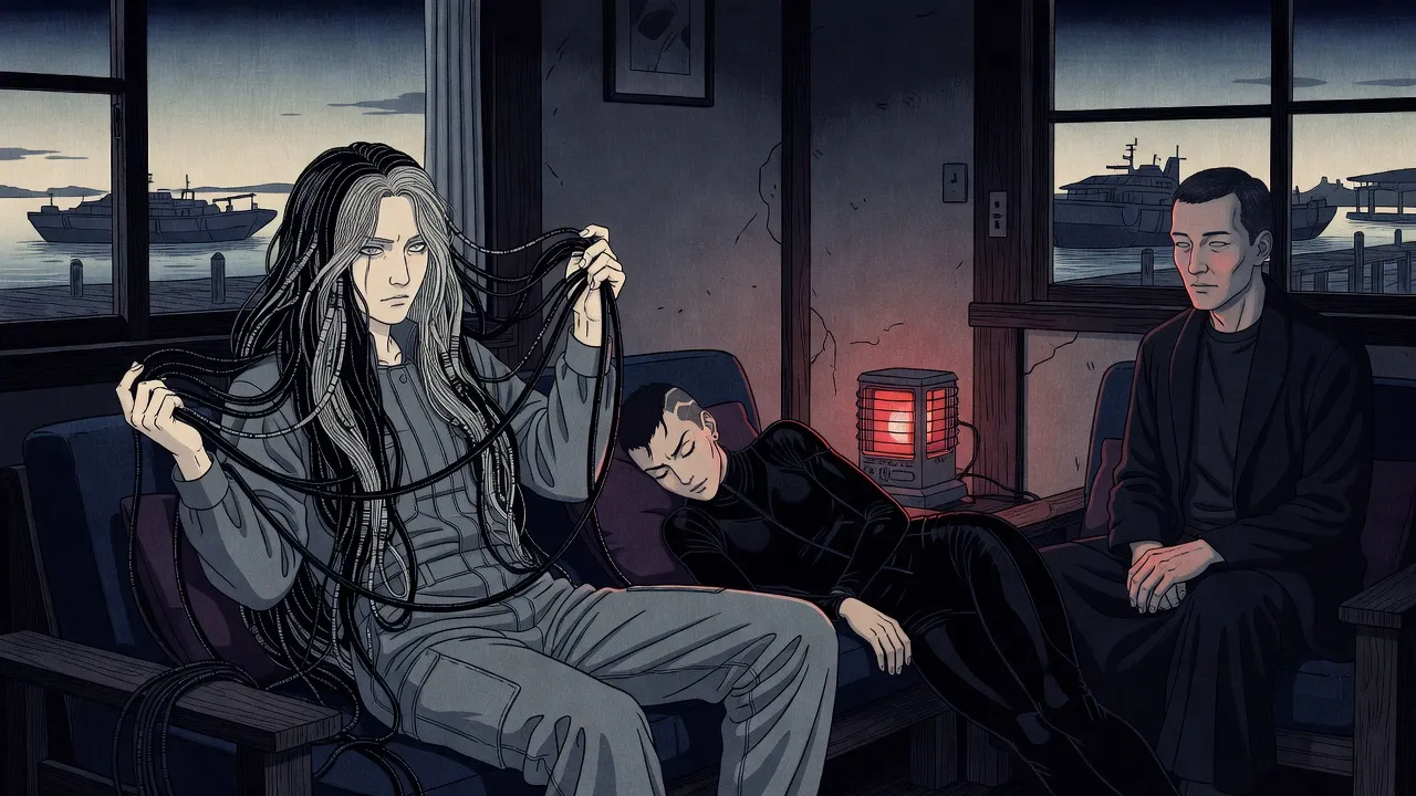 In grey dawn light a pale woman on a cheap lounger holds up one thick black cord from her long black-and-silver mane while the other cords stir, as a man watches and a wiry young woman sleeps on a couch behind.