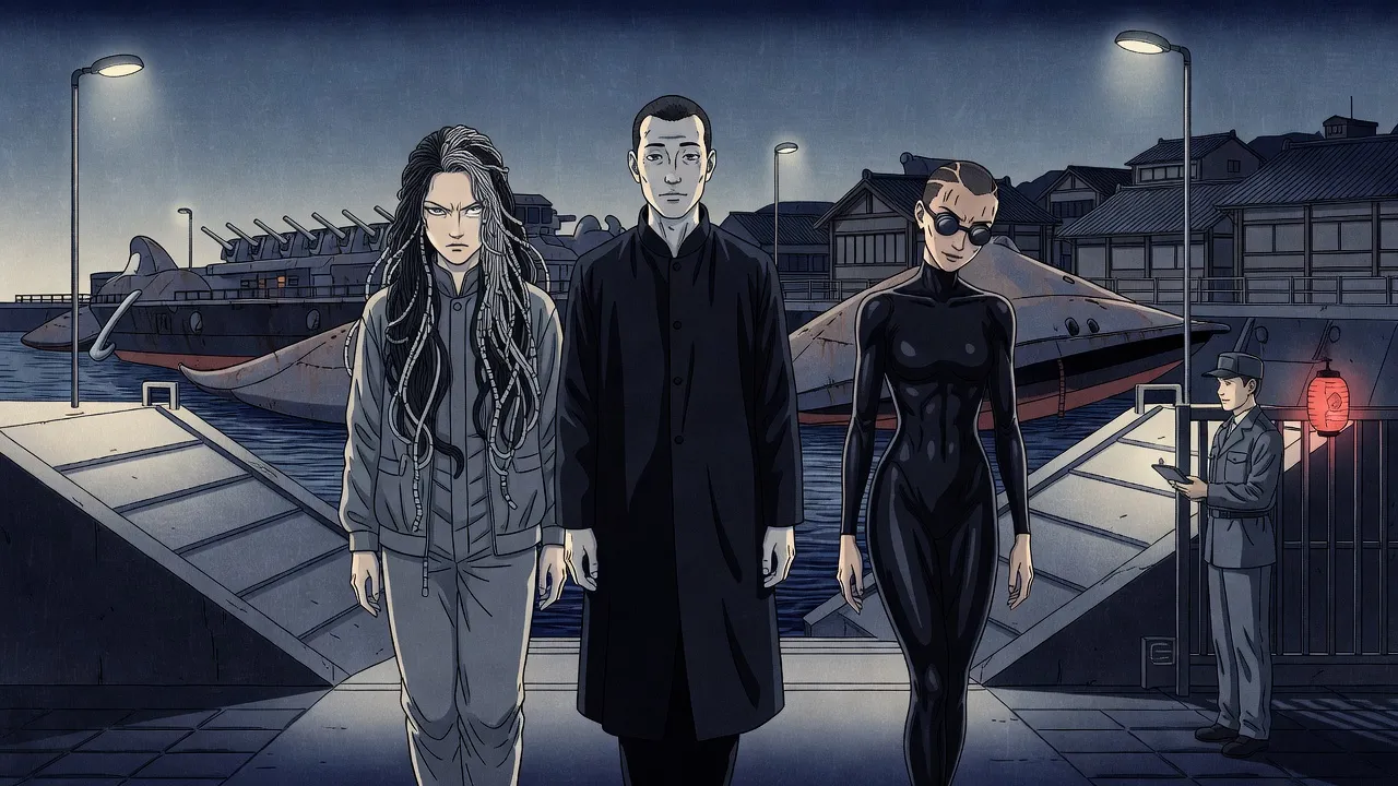 On a lamplit concrete ramp below a huge gun-studded hovercraft, a grim pale woman with a long mane, a man in a long dark coat and a stiff, slack-faced young woman in a black skinsuit and dark goggle lenses walk side by side past a uniformed steward holding a reader.
