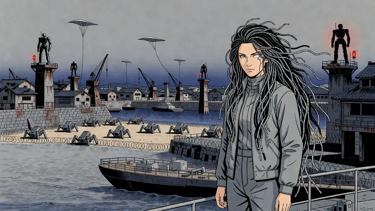 Under a flat grey sky, a pale woman with a long black-and-silver mane stands at the rail of a hovercraft looking at a ruined harbour city fenced with coiling razor wire, squat spider-shaped blocks and sentry towers.