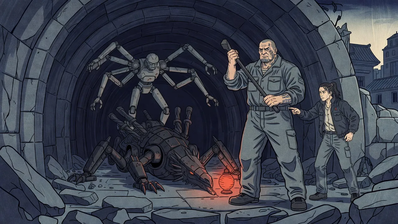 In a dim stone tunnel, a giant shaven-headed man raises a wrecking bar at a hovering eight-armed machine that hangs over a dead, dragon-like war machine, while a man with a ponytail points.