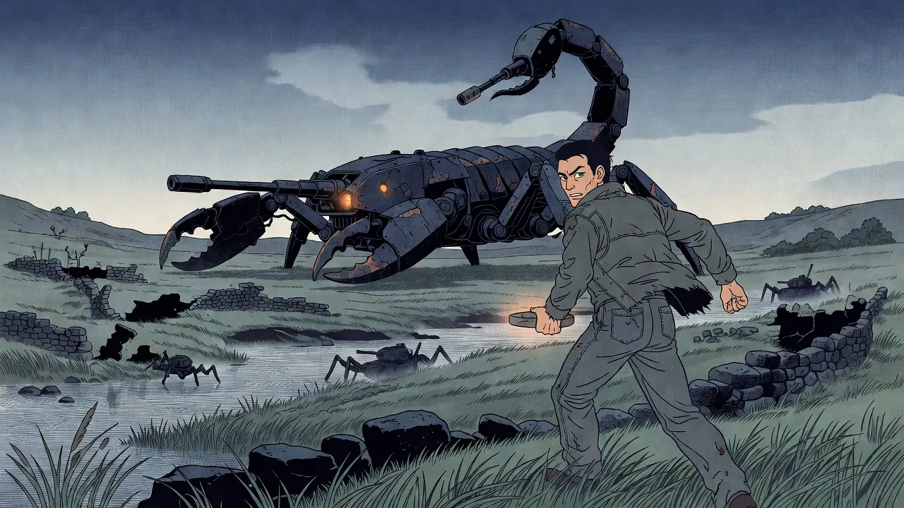 A long-limbed man in grey coveralls, a disc-shaped mine in his hand, glances back as he runs across a grey valley floor toward a towering scorpion-shaped war machine with a gun in its curled tail, small spider-legged tanks at the river.