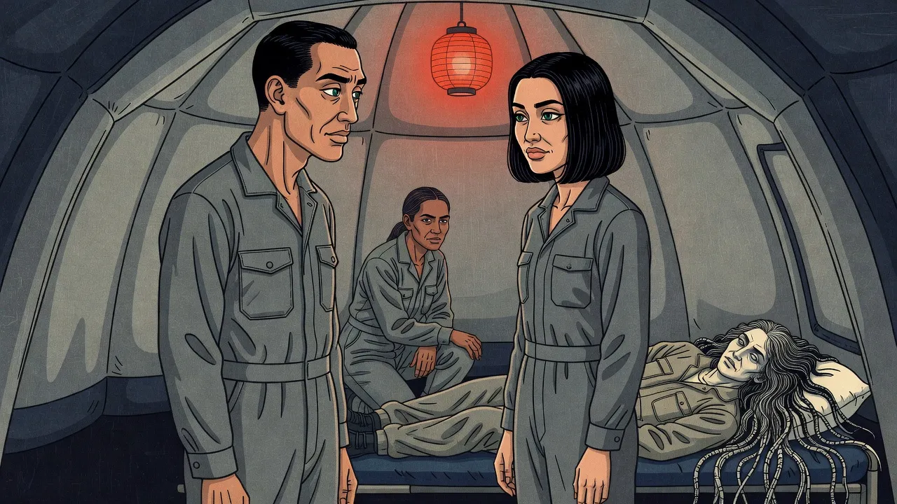 Inside a ribbed field shelter, a tall man and a tall woman with the same jade-green eyes and sharp cheekbones study each other, while a woman kneels by a cot where a feverish woman with a long mane lies.