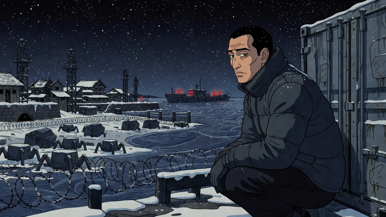 In falling snow at night, a man in a padded jacket crouches in the lee of a battered freight container on a stone wharf, razor wire and spider-legged blocks along the shore and a lit vessel beyond him across the dark water.