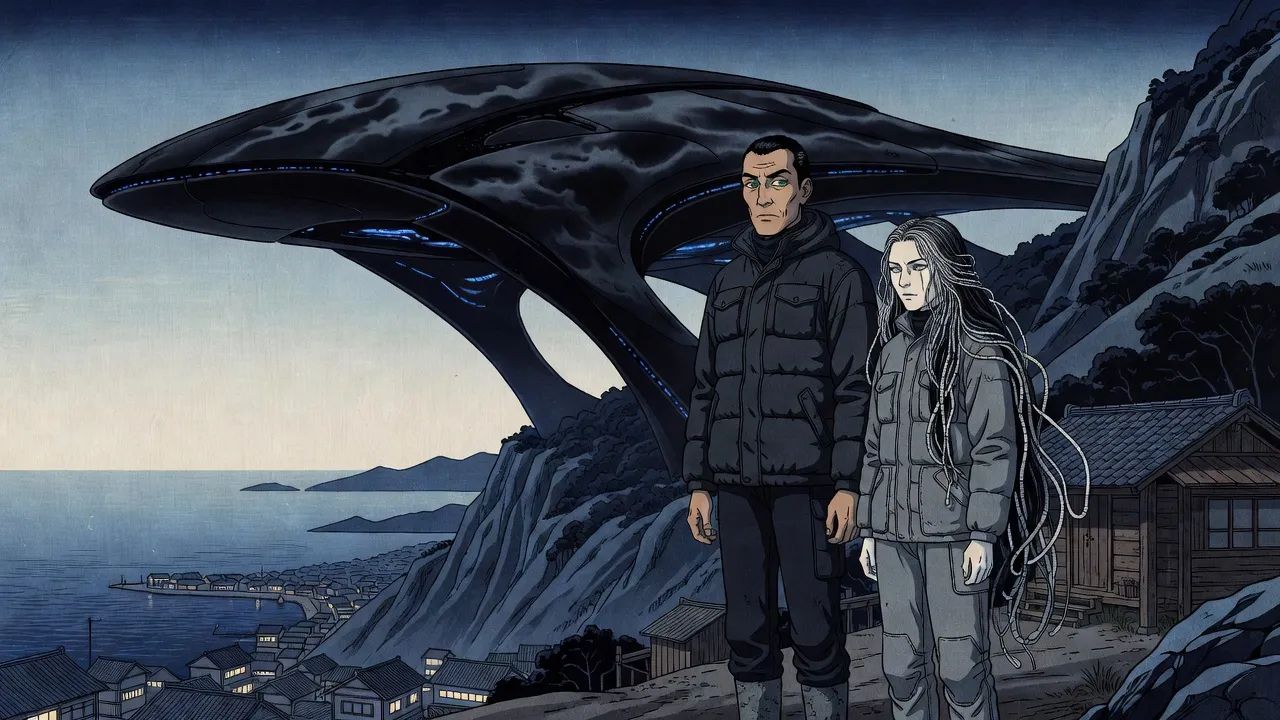In cold early light, a man and a woman with a long mane stand by a timber cabin on a mountainside, looking up at a vast dark alien structure thrust out over a sheer drop like a rocket, a harbour town far below.