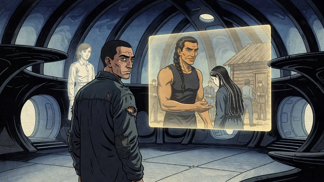 In a dark chamber of smooth curved metal, a bruised man in a torn jacket watches a pale-gold floating projection of a young man with a long braid courteously leading a woman with a long mane away from a cabin, while a faintly glowing figure of a woman stands behind him.