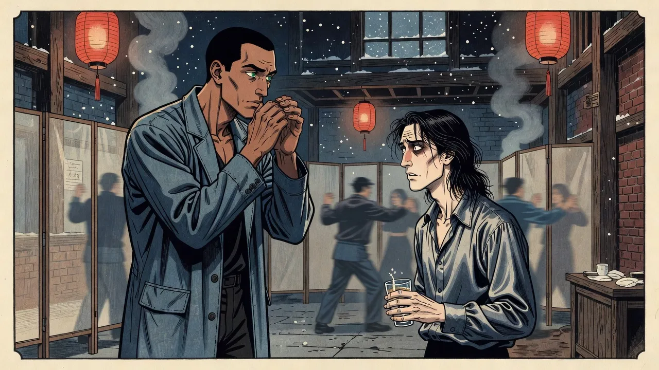 At a lantern-lit party in an old warehouse, a tall man in a flashy coat lifts both hands from his face as if removing a mask, while a thin man in a silk shirt stares at him, appalled.