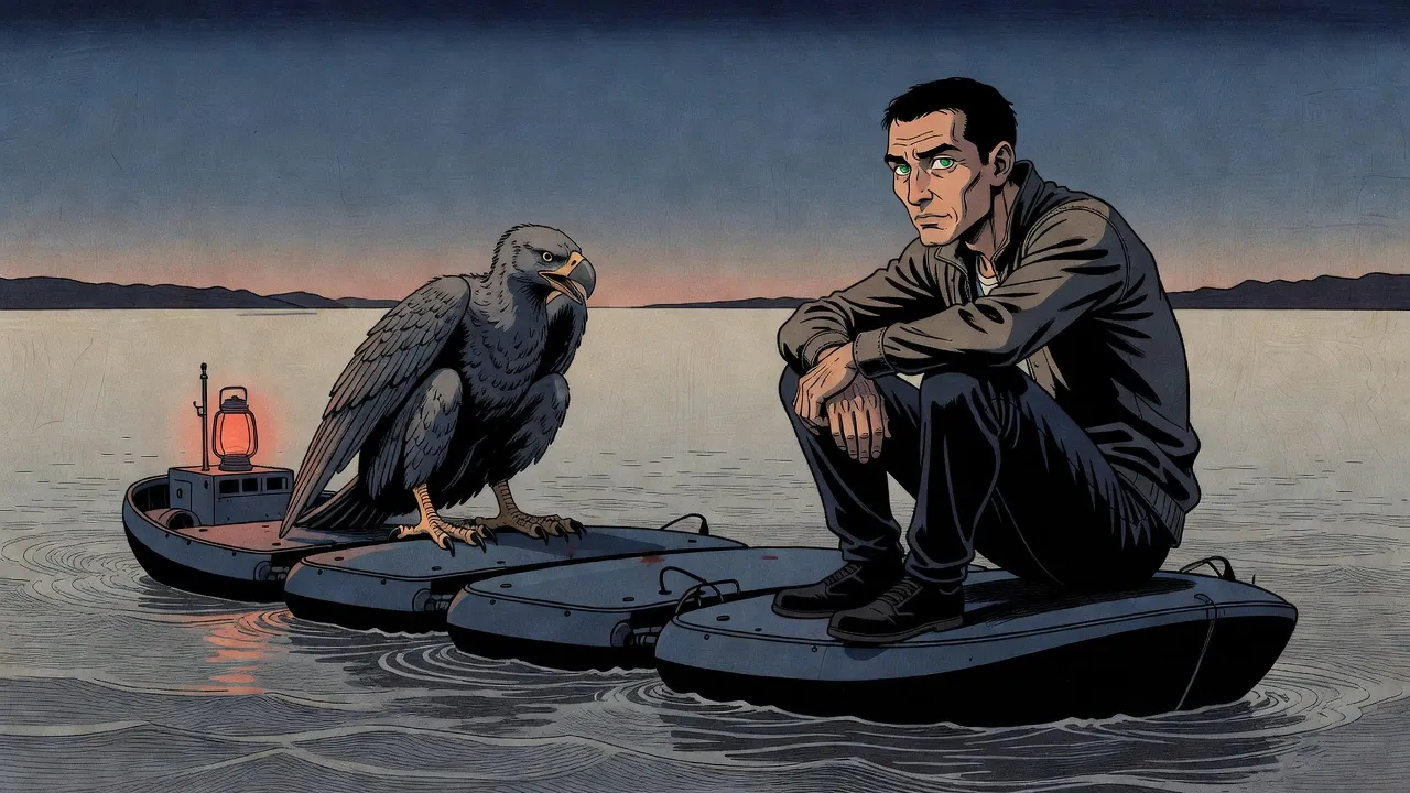 At dusk on top of a long cargo pod towed at sea, a man sits hunched, watching a large, ragged winged creature hunched a few metres away.