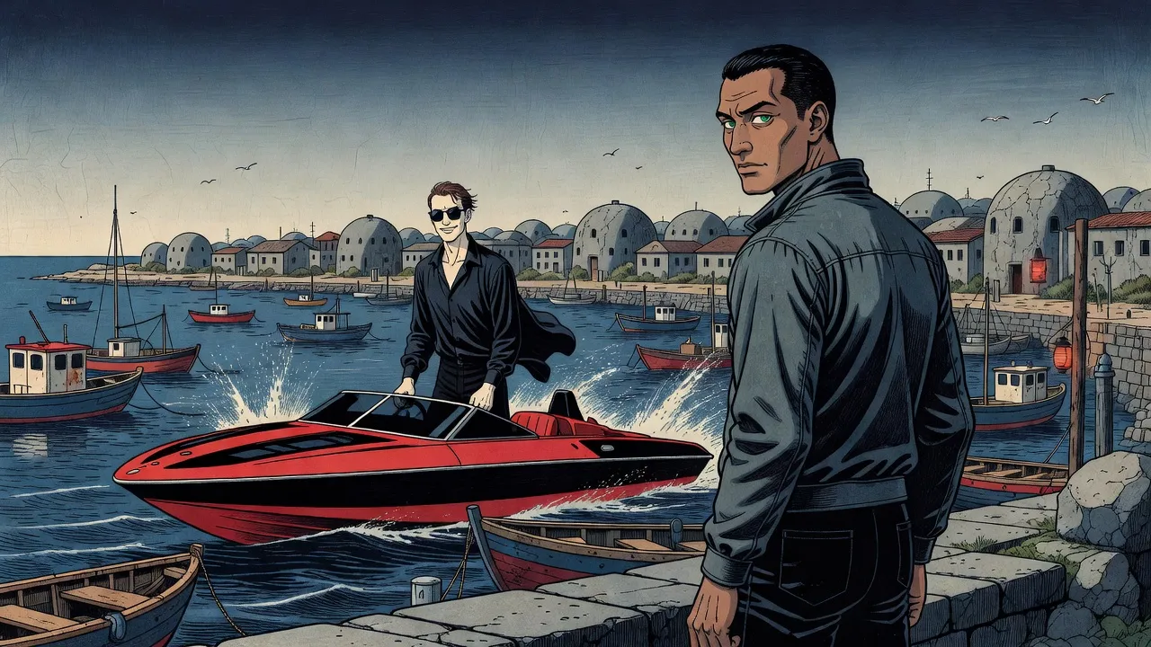 A garish red-and-black open-top speedboat roars into a crowded harbour of squat, rounded buildings, a slim pale man in dark glasses standing at its wheel, while a tall man waits on the quay.
