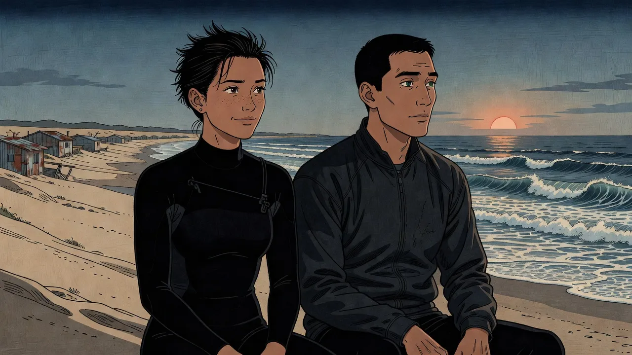 On a sand dune above a wide surf beach at sunrise, a woman in a full-length black wetsuit with spiky damp black hair sits beside a man in a dark jacket, both looking out to sea.