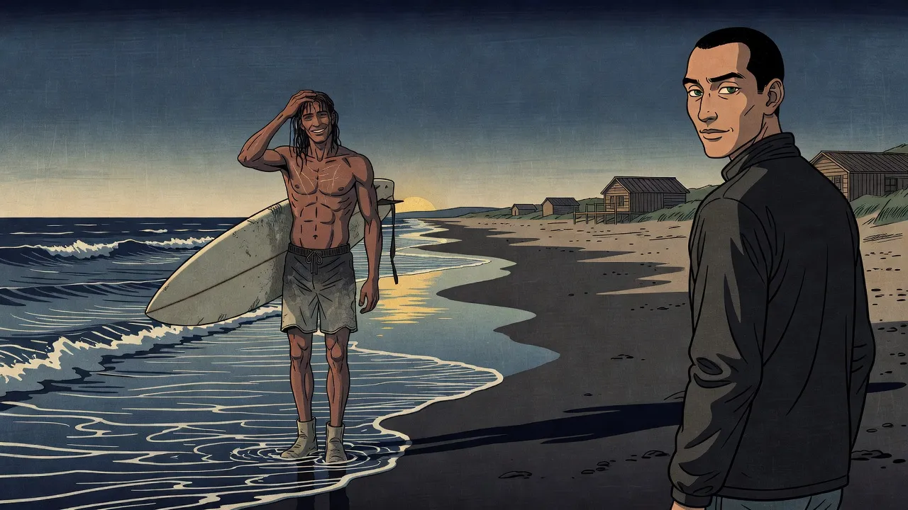 A tall, long-limbed surfer with faint scars on his chest and long wet hair wades out of the waves in board shorts and ankle boots, a battered old surfboard under one arm, as a man in a dark jacket waits on the sand.