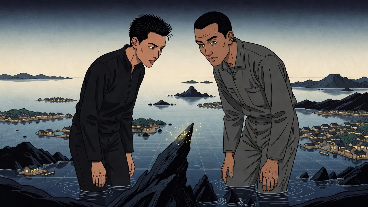 Two giant figures, a man and a woman, stand knee-deep in a calm, gridded sea among tiny islands and toy-sized harbour towns, bending to look down at a sharp spire of rock with tiny lights at its tip.