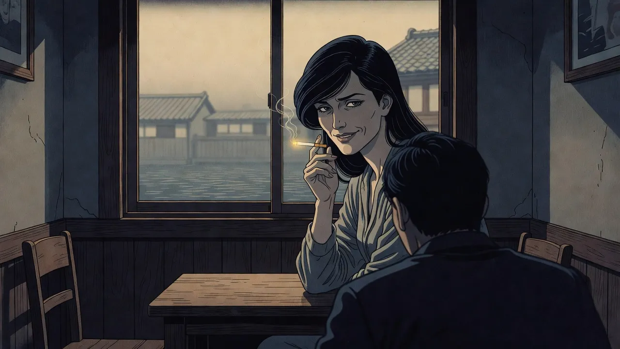 In soft, hazy light, a woman with long black hair holds a cigarette at a small café table by a window, smiling faintly at a man seen from behind across from her.