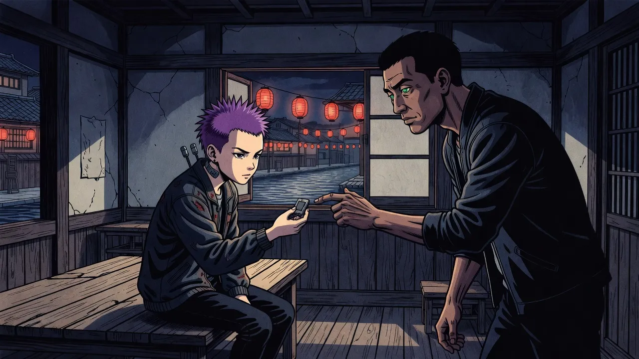 In a dim room with a window on a lantern-strung night street, a fifteen-year-old girl with spiky violet hair holds out a small data chip to a tall man.